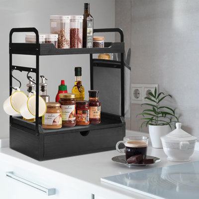 Organisateur de station de café pour comptoir, chariot de rangement pour condiments pour la cuisine avec crochets et sac, tablette en bois à 2 niveaux pour accessoires de bar à café, organisateur de bar à café, noir