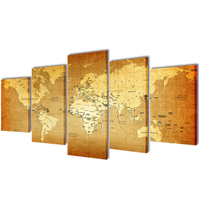 World Map 5 Piece Wall Art Set on Canvas