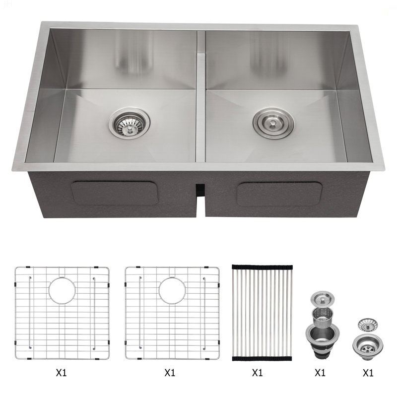 Évier de cuisine à double cuve (50/50) encastré à double cuve de 33 po x 19 po de calibre 16 avec deux cuves profondes de 10 po