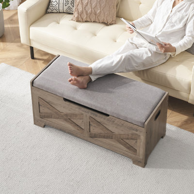 Lift-Top Farmhouse Shoe Bench, Farmhouse Storage Trunk, Wooden Entryway Storage Bench with Safety Hinge and Lift-Top for Entryway, Living Room, Grey