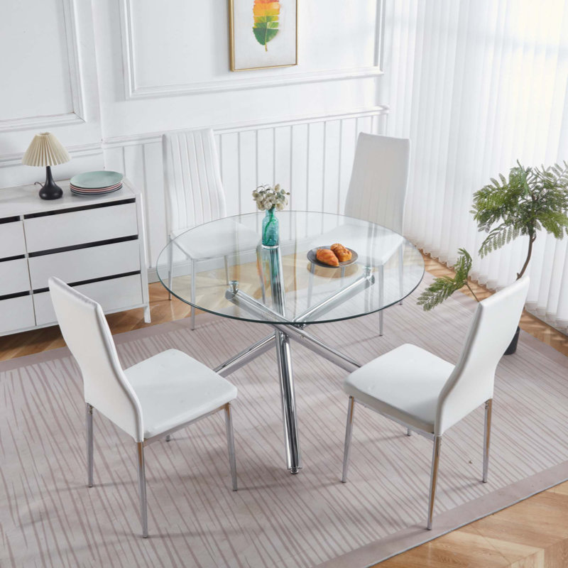 Ensemble de salle à manger 1 + 4,5 pièces, table de salle à manger à pieds en métal Mid-Century pour 4-6 personnes avec plateau en verre, table de salle à manger à piédestal, table basse de loisirs
