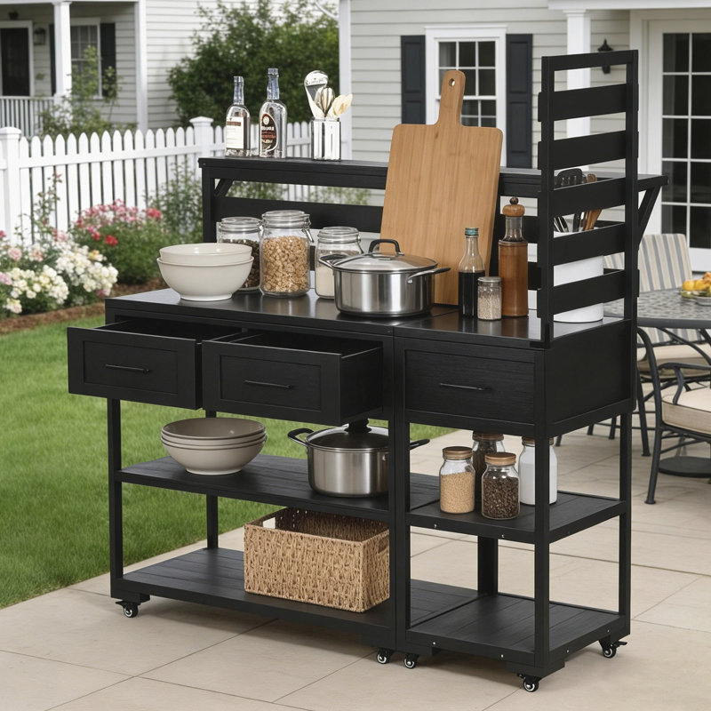 65‘’H Outdoor Patio Solid Wood Kitchen Island, Black