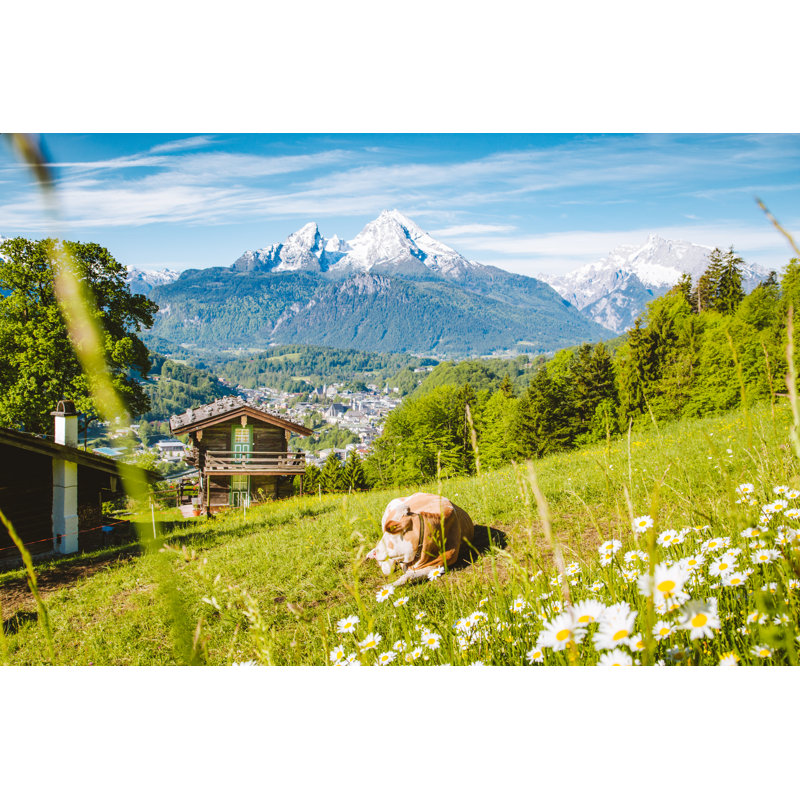 Mountain Chalets And Cow by Bluejayphoto - Wrapped Canvas Print, 30cm H x 46cm W
