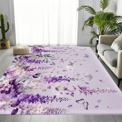 Lavender Purple Wisteria Butterfly Floral Area Rug, Romantic Vine Blossom Pattern, Soft Durable, Machine Washable Non-Slip Floor Carpet, Artistic Stylish Indoor Home Decor for Living Room, Bedroom, Study, Dining Room, Hallway, Apartment, Office