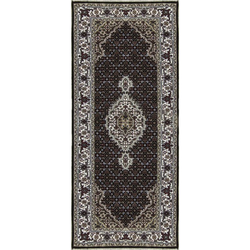 Hand-Knotted High-Quality Black and Cream Runner, Runner 2'7" x 6'