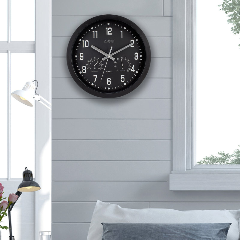 La Crosse 12'' Black Analog Wall Clock with Temperature and Humidity