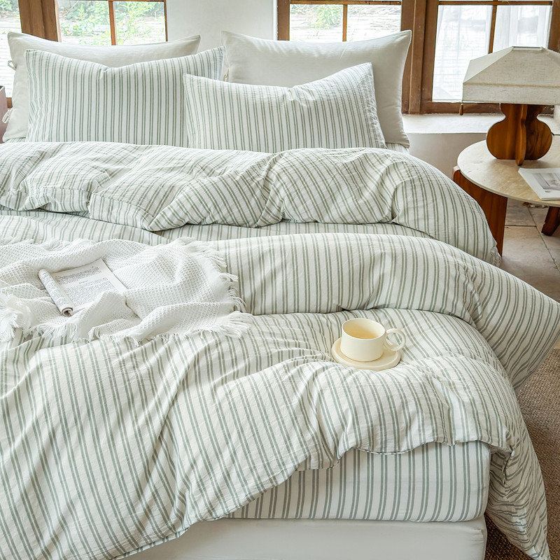 Ensemble de housse de couette rayé 100% coton délavé DONEUS, Housse de couette double + 2 taies d'oreiller stan