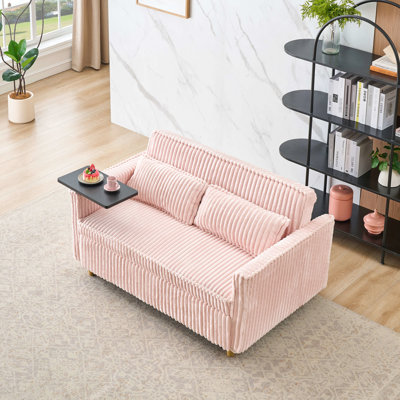 Dual - Function Pink Corduroy 2 Seat With Pull Push Mechanism, Movable Tabletop, Interface For Phones Bed And Table, Ports Electronic Devices, Ideal Living Room