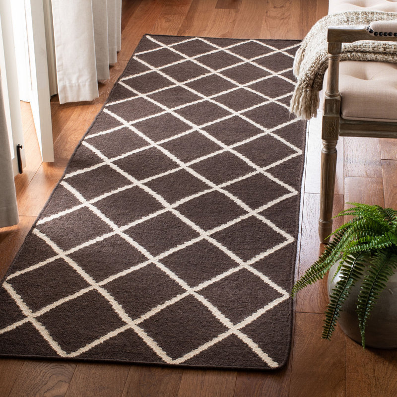 Mccall Hand Woven Flat Weave Wool/Cotton Geometric Rug in Brown/Ivory, Runner 2'6" x 10'
