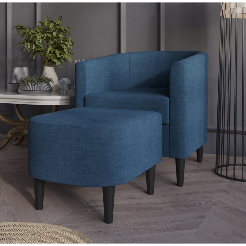 Upholstered Armchair and Ottoman Set, Blue Linen