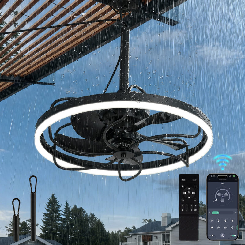 20" Waterproof Outdoor Ceiling Fan, Plug-in Caged Hanging Fan With Remote & App Control, 3cct Dimmable Led, Black