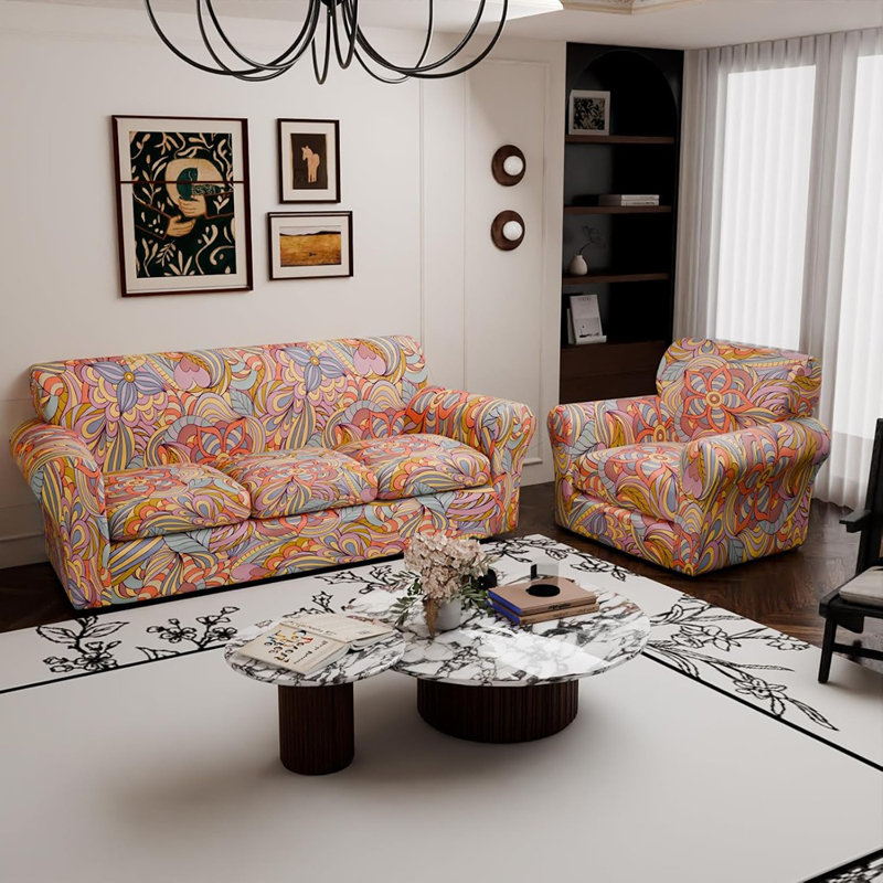 Housse de canapé | Floral | Housse extensible à 3 coussins avec fond élastique, lavable, adaptée aux animaux de compagnie, ajustement universel