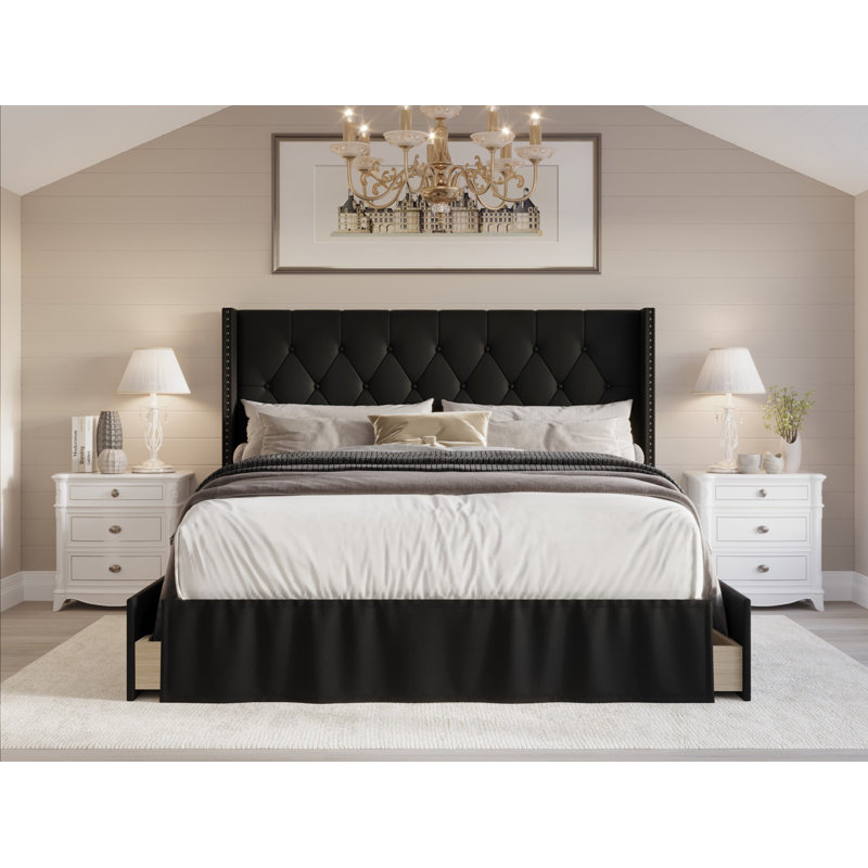 Javionte Upholstered Wingback Storage Bed, Full, Black