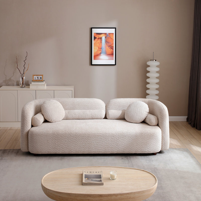 Luxury Modern Couch For Living Room, Beige Boucle Fleece Upholstered Comfy Couch For Apartment Home Office, 3 Seater, Light Beige