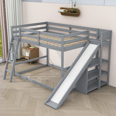 Ildar Kids Full Over Full Wooden Bunk Bed with Slide and Shelves