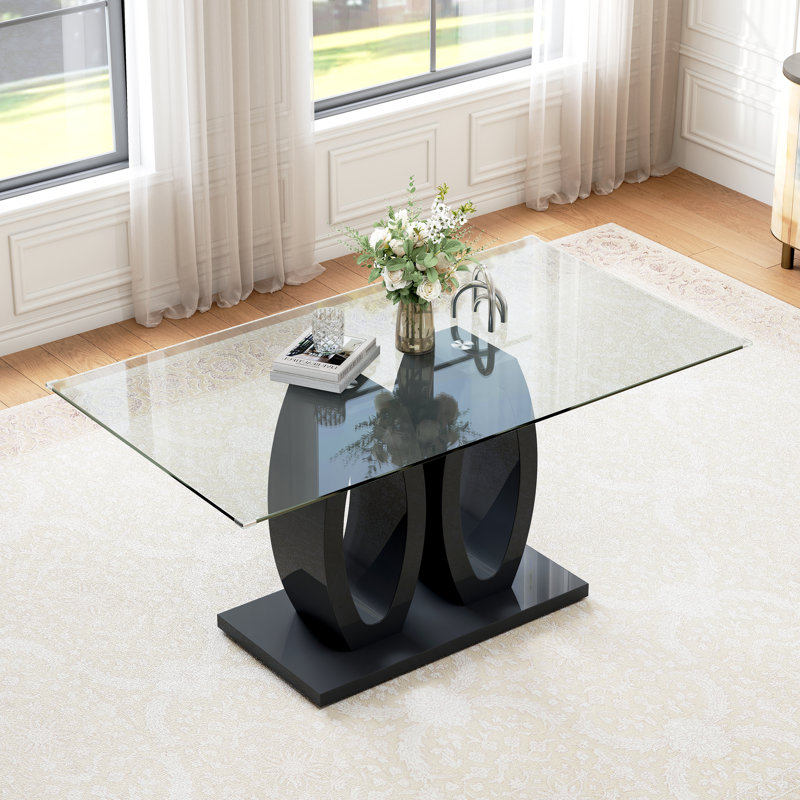 Glass Dining Table, 63" Clear Tempered Glass Top and Double O-Shaped Glossy MDF Base, Black