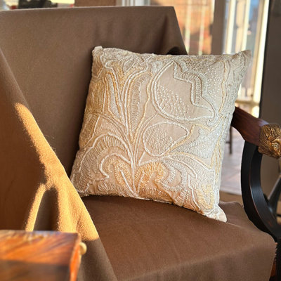 Golden Leaves Cotton Embroidered Square Decorative Pillow Beige 18x18"