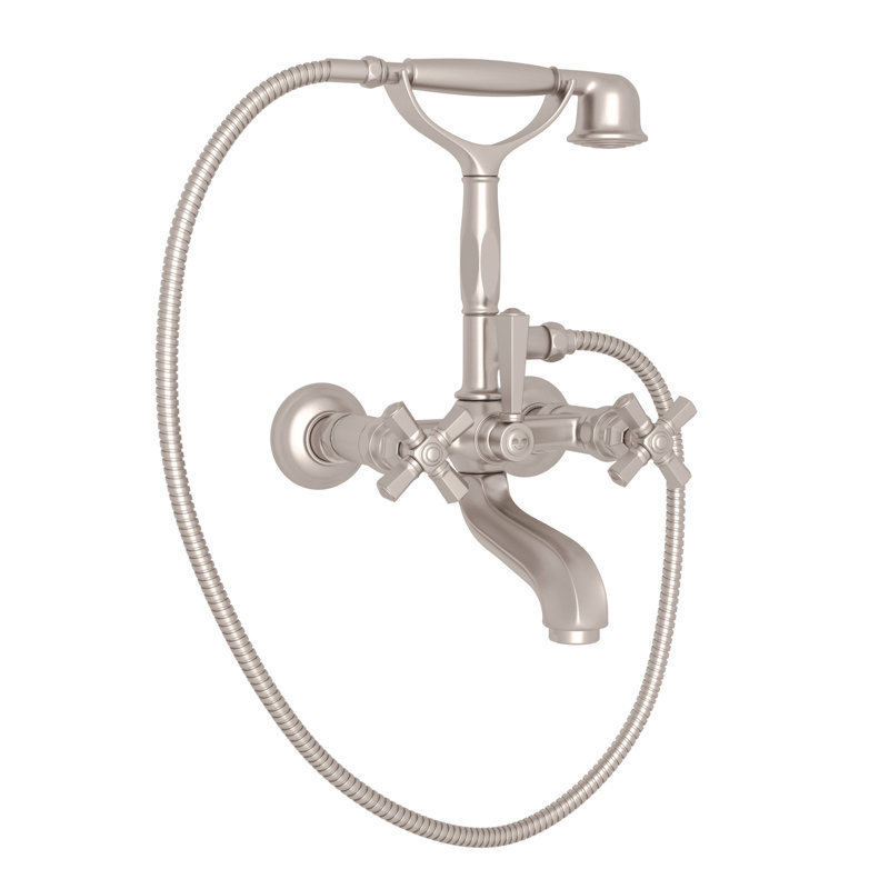 Palladian Exposed Wall Mount Tub Filler, Satin Nickel, Industrial Metal Cross Handle