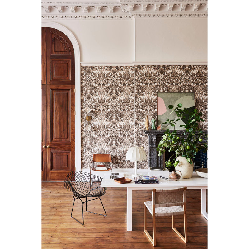Damask Wallpaper Roll, Metallic Gold/Sand