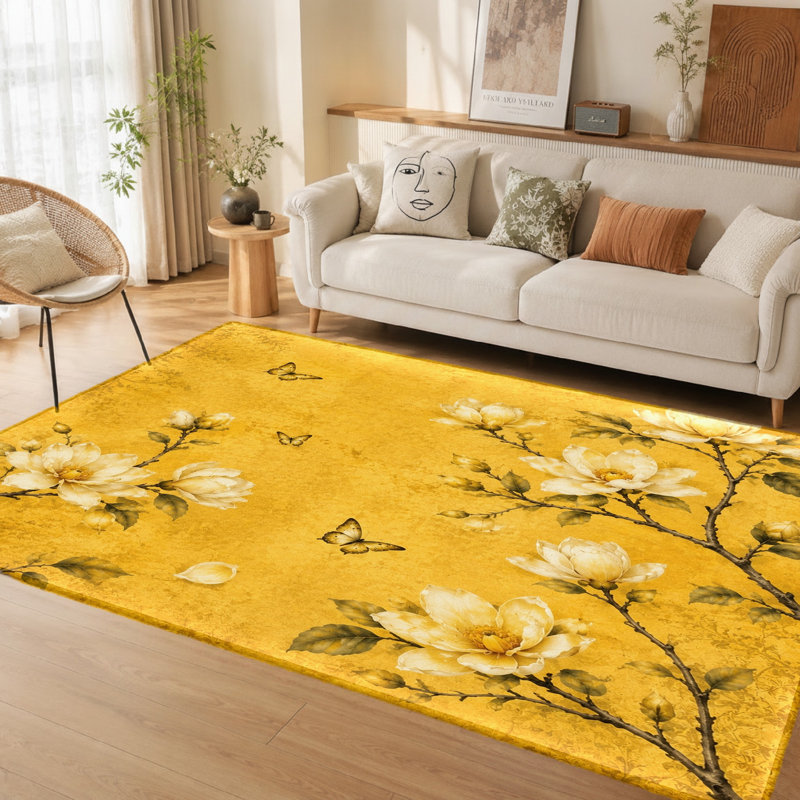 Tapis d'intérieur 1 pièce, motif magnolia et papillon jaune vif - Motif floral artistique, poils courts, lavable, fin et léger, envers antidérapant, idéal pour le salon, la chambre, la cuisine ou le bureau.