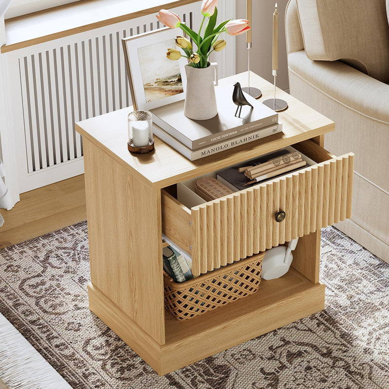 Fluted Nightstand with Drawer, Mid Century Modern Bedside Table with Open Shelf, Brown Nightstand with Storage for Living Room