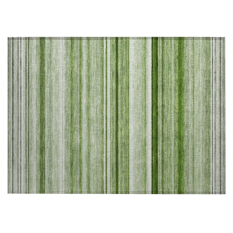 2' X 3' Artichoke Green Striped Washable Indoor Outdoor Area Rug