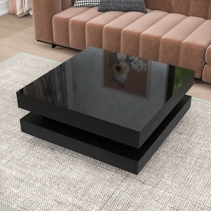 Modern Coffee Table with High-Gloss Finish, LED Light, Storage and Geometric Design, Black