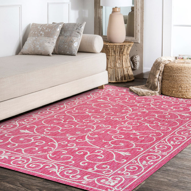 Halpert Vintage Filigree Textured Weave Fuchsia/Light Gray Indoor/Outdoor Rug, Rectangle 3'11" x 6'