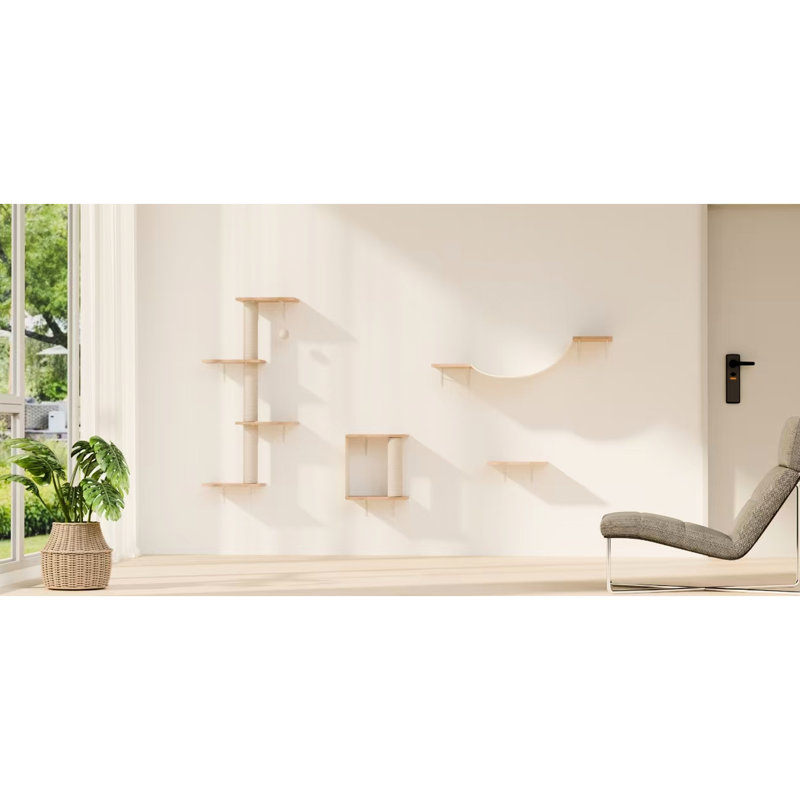Ensemble de meubles muraux pour chat 4 pièces avec pont, marches et arbre en corde, tissu souple et doux, installation facile à bricoler chaude à assembler
