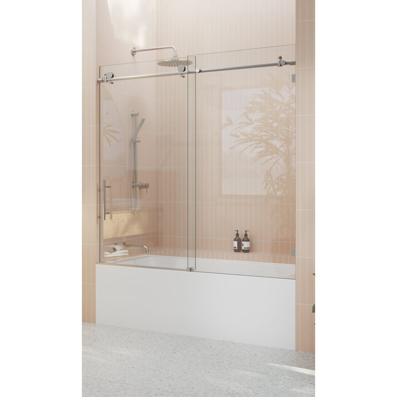 Eclipse 56 - 60 in. x 60 in. Fully Frameless Sliding Bathtub Door, Brushed Nickel
