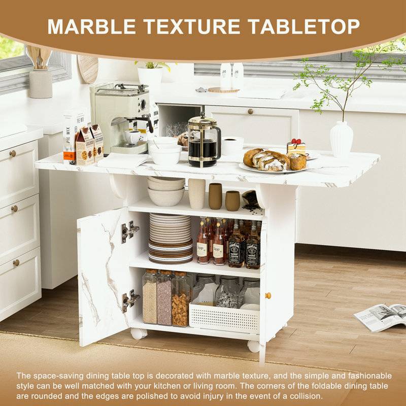 Dining Table with 6 Wheels, storage rack and cabinet