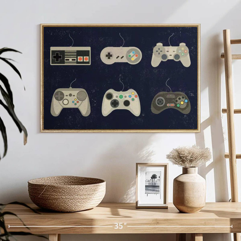 Video Game Controller Evolution, 25" X 17", Floating Frame Natural Wood