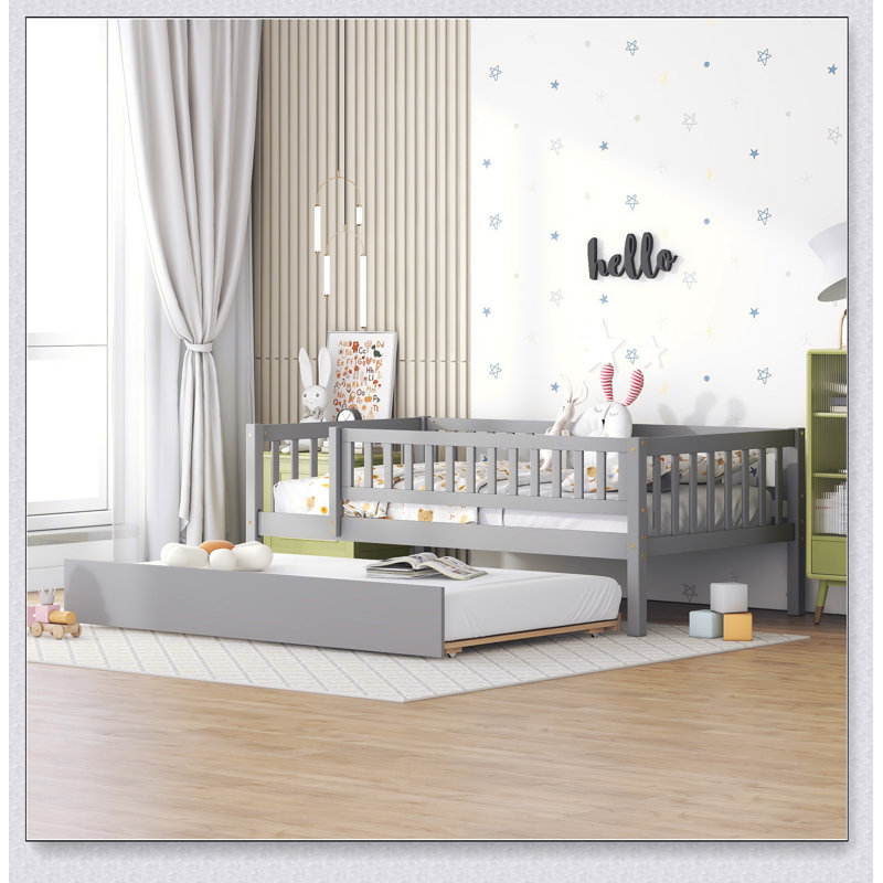 Lit de jour en bois avec couchette et barrière de sécurité, Gris, Lit simple