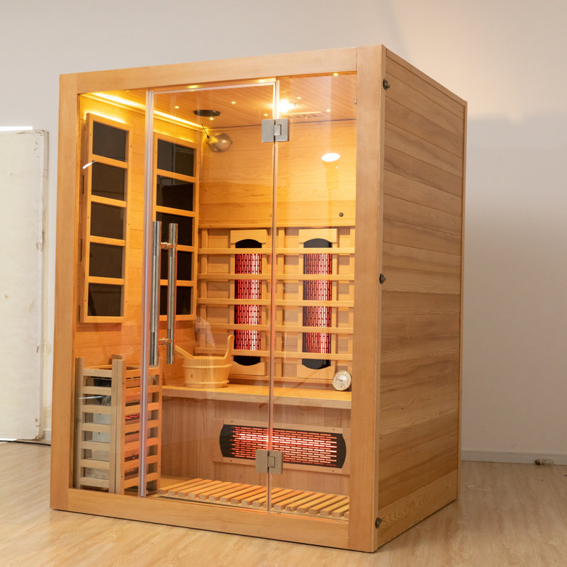 Luxury Dual-System Wood Sauna Room for 2-3 Person, Hybrid Indoor Sauna Spa,Canadian Hemlock, 4.5KW Heater, 195°F Steam+149°F Far Infrared, 10 Heating Elements, 220V, Oxygen Ionizer, 8mm Tempered-grass