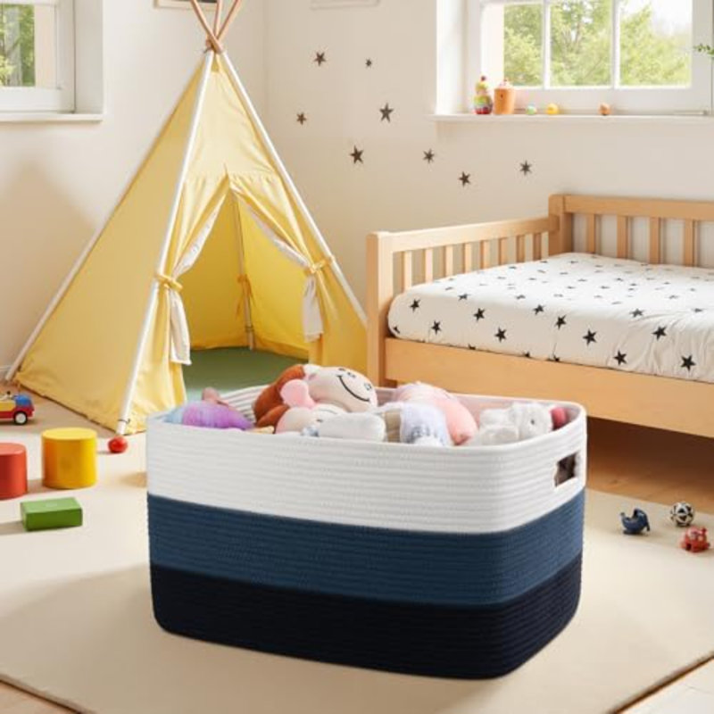 Large Blanket Basket, 22”X17”X12” Rectangle Woven Baskets, Nursery Blanket Storage Living Room, Toy Storage With Handle, Large Baskets For Organizing-Gradient Blue