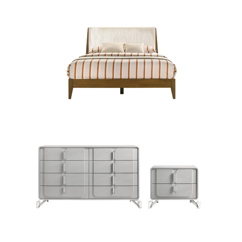 Wilniya Modern Solid Wood 3 Pieces Fully Assemble Bedroom Set, Walnut/Cool Gray, 3 Pcs: Bed, Dresser, Nightstand