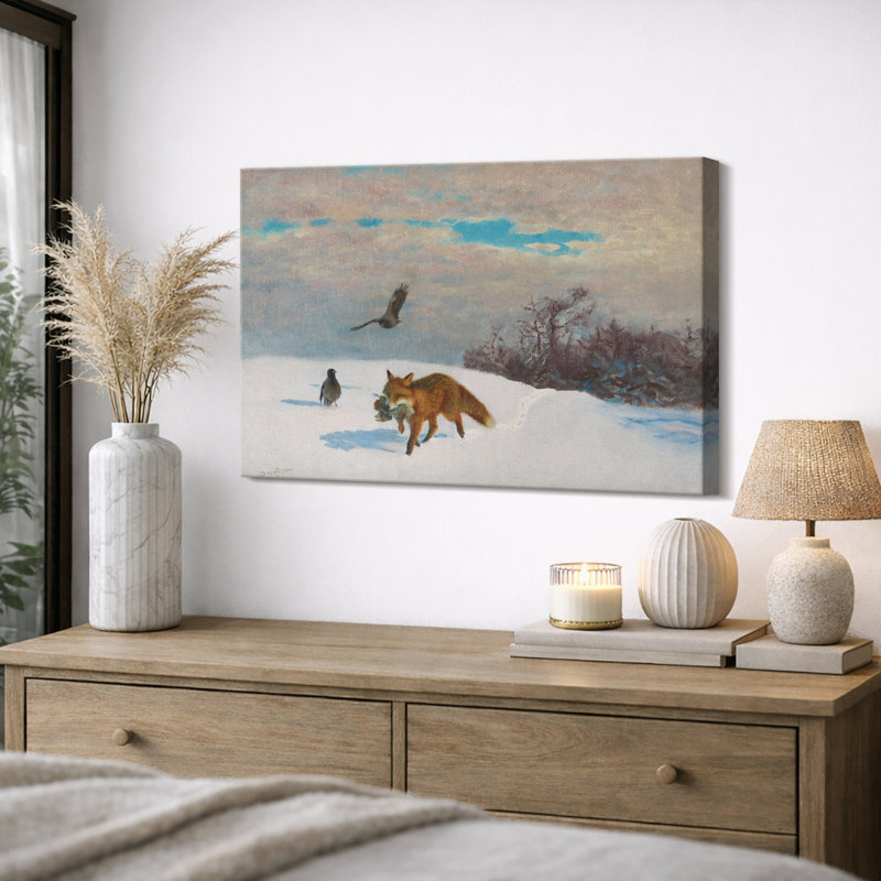 Illustration d'un renard roux avec proie et oiseaux dans la neige, images de chambre à coucher, impression sur toile encadrée