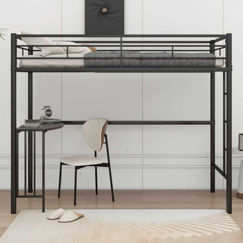Hanny Metal Loft Bed With Desk, Ladder And Guardrails, Black/Dark Brown, Twin