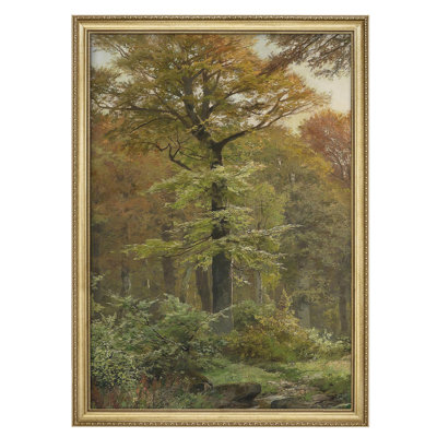 " Majestic Tree In Forest Verdant Greenery And Tall Woodland Gold Framed Wall Art Decoration "