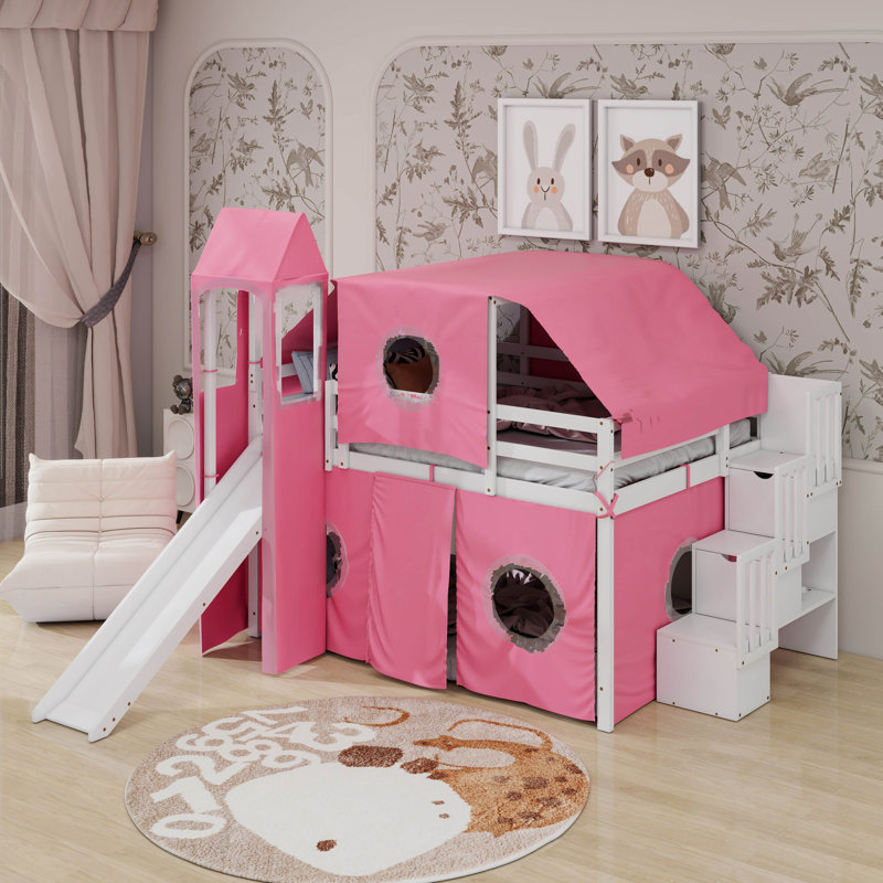 Lit mezzanine double avec tente et tour, Rose