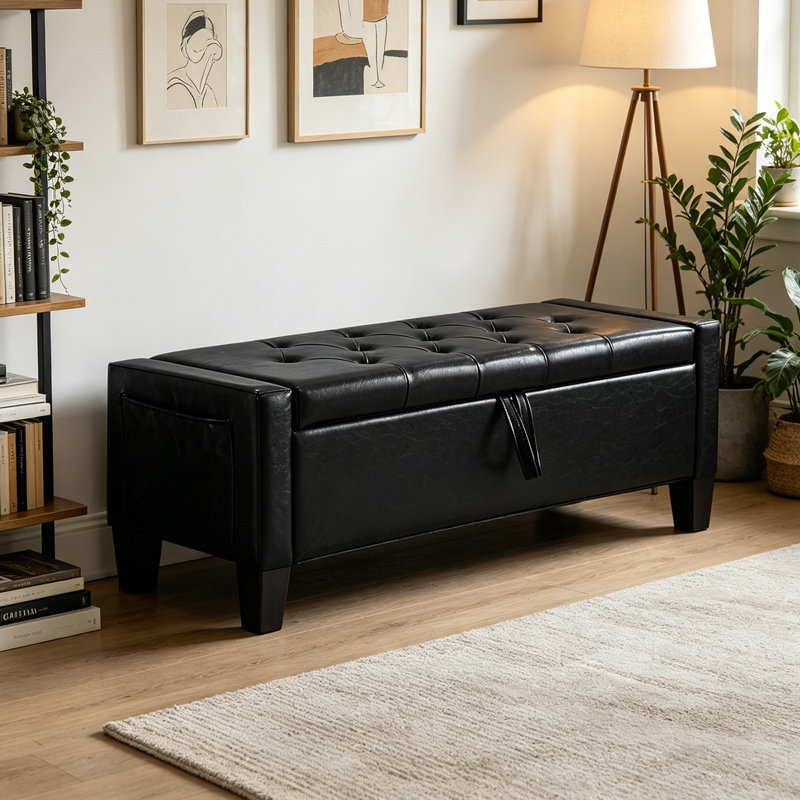 Banc de rangement rembourré en similicuir, Noir
