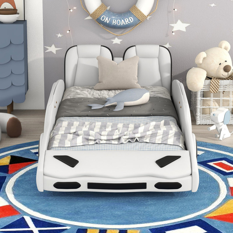 Twin Size Race Car-shaped Bed, White - Comfortable With Solid Guardrails Platform Bed Movable Wheels Functional And Stylish Bedroom Addition