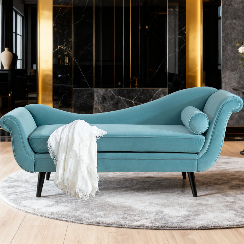 Chaise longue en velours avec accoudoirs à volutes et coussin incurvé, Bleu aqua, Noir