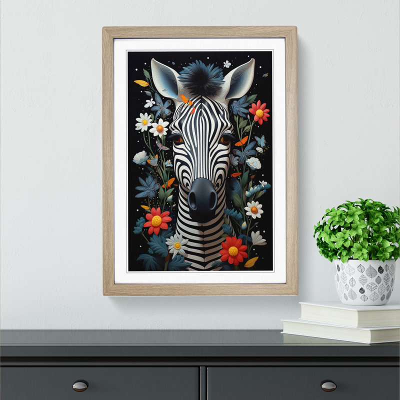 XYZ-FRM-V1223-1729 Zebra Dadaism - Single Picture Frame Print on Wood, 34cm H x 25cm W x 2cm D, Oak