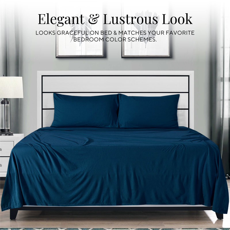 Jersey Knit Full Size Sheets 4pc|100% T-Shirt Cotton Breathable Jersey Sheets Set| All Season , Navy, Full/Double, Navy