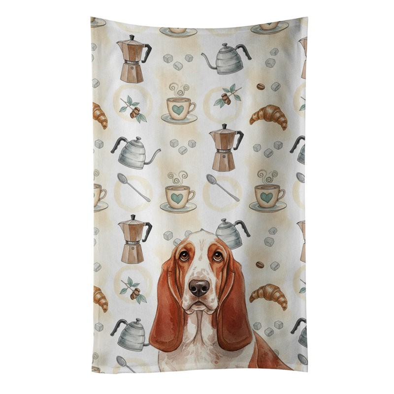 Red and White Basset Hound Coffee Bar Kitchen Towel, Red and White Basset Hound