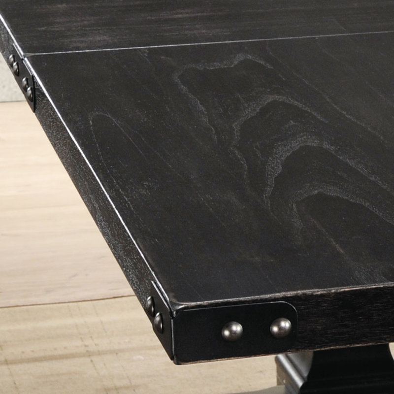 Table de salle à manger 7 pièces à finition rétro noire avec table rectangulaire et chaises d'appoint élégantes Siège en lin capitonné à l'intérieur 30 po (7 pièces) Bouton classique en bois synthétique