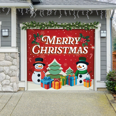 Bannière de porte de garage 7 pi x 8 pi bonhomme de neige rouge et arbres - Décorations extérieures des Fêtes de Noël