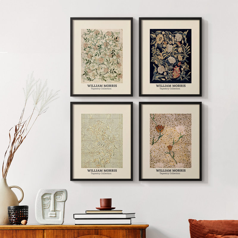 «William Morris XXV», ensemble de 4 reproductions encadrées, H 10 po x l 32 po, Cadre noyer