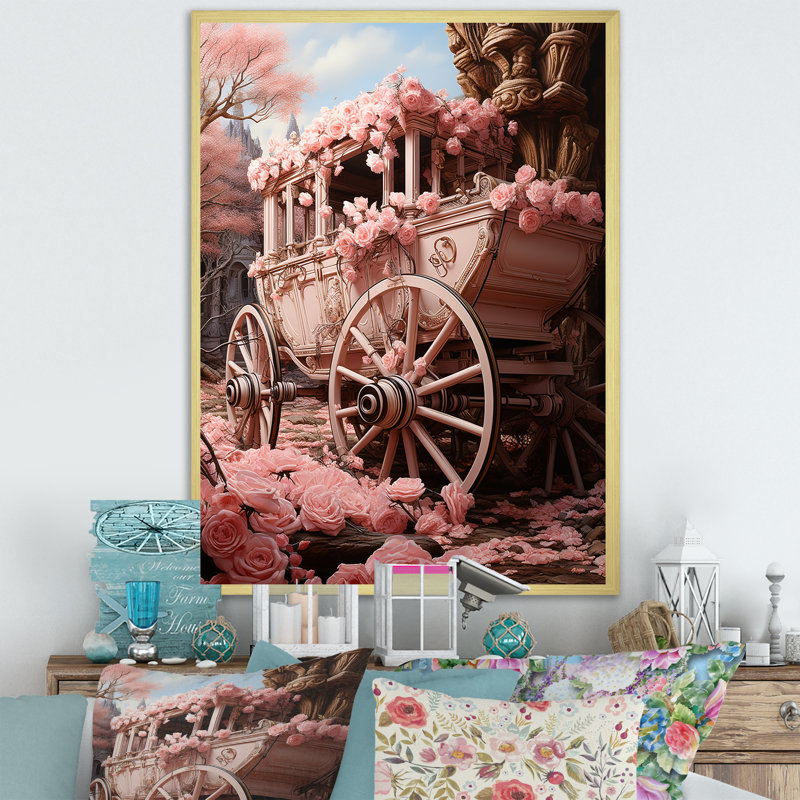 Romantisme voiture de mariage rose, Cadre doré simple, H 44 po x l 34 po x P 1,5 po